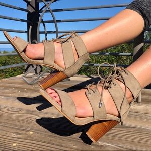 Torrid Taupe Cage chunky stacked block heel strappy sandal lace-up heels sz 8W